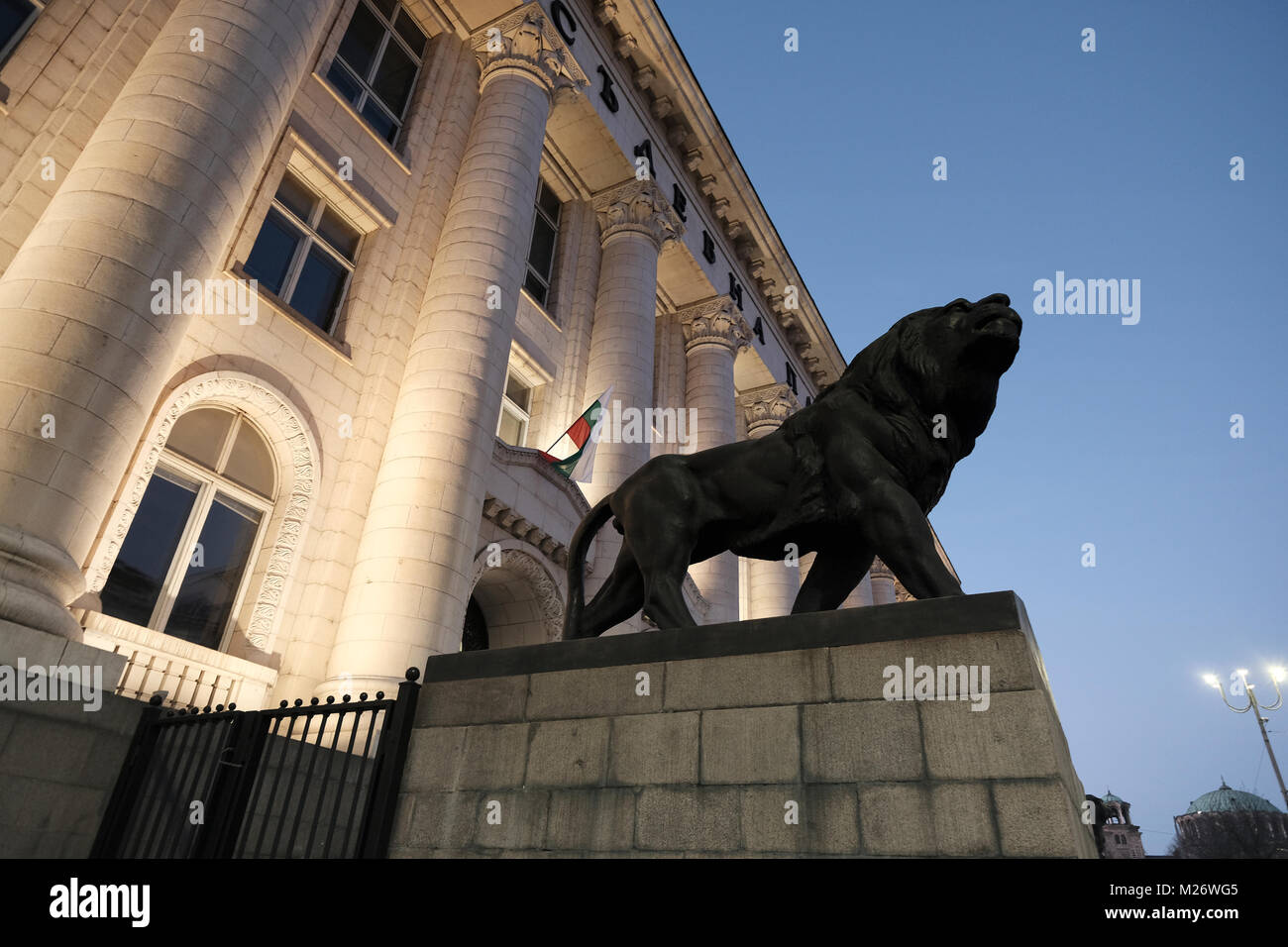 Lion statue in front of the Sofia Court House in the city of Sofia capital of Bulgaria. Stock Photo
