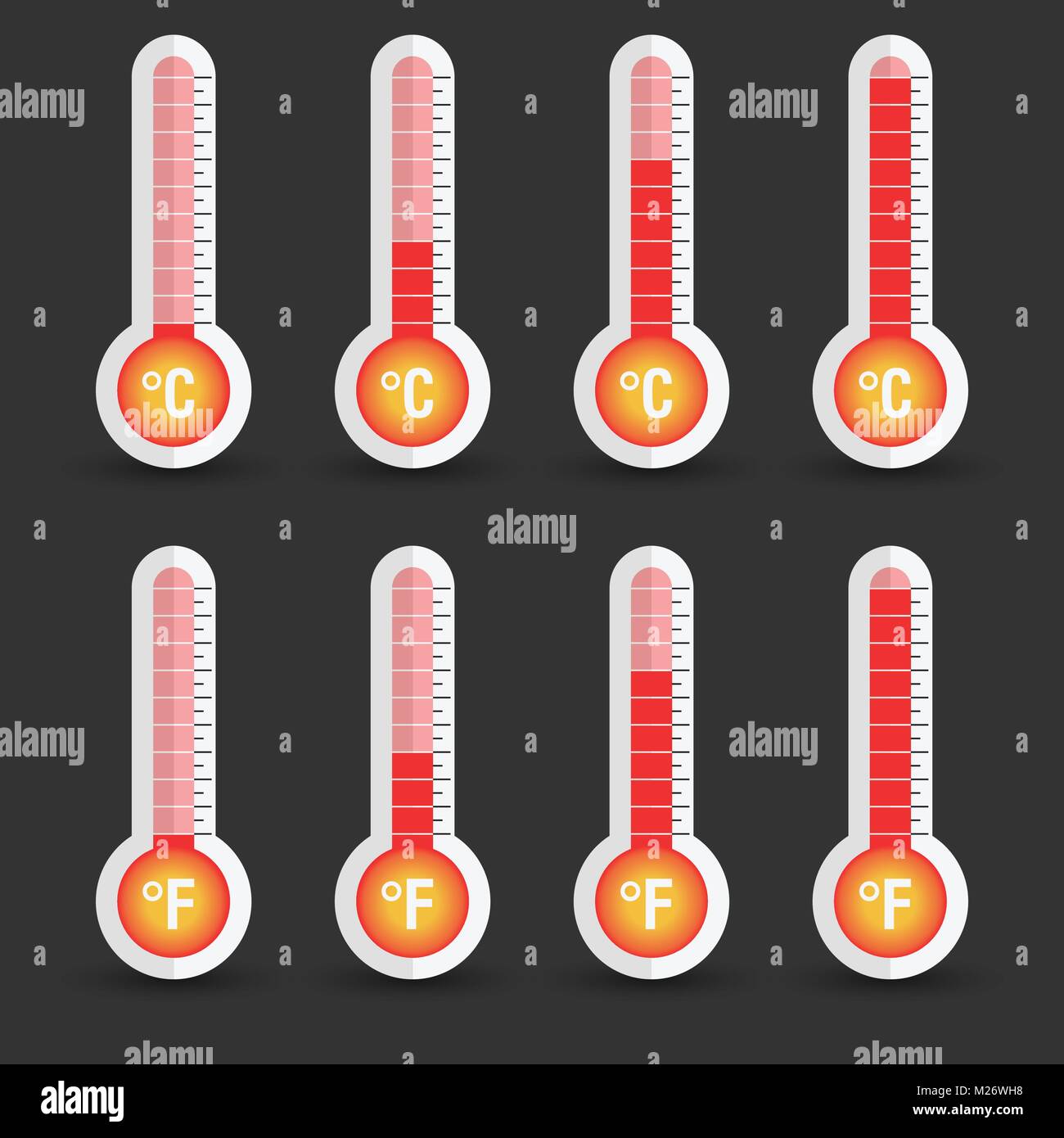 Celsius and Fahrenheit thermometers icon with different levels. Flat ...