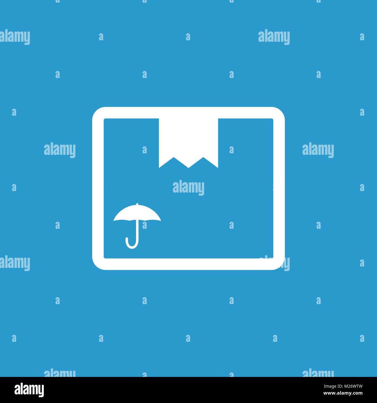 Packaging box icon with umbrella symbol. Shipping pack simple vector illustration on blue