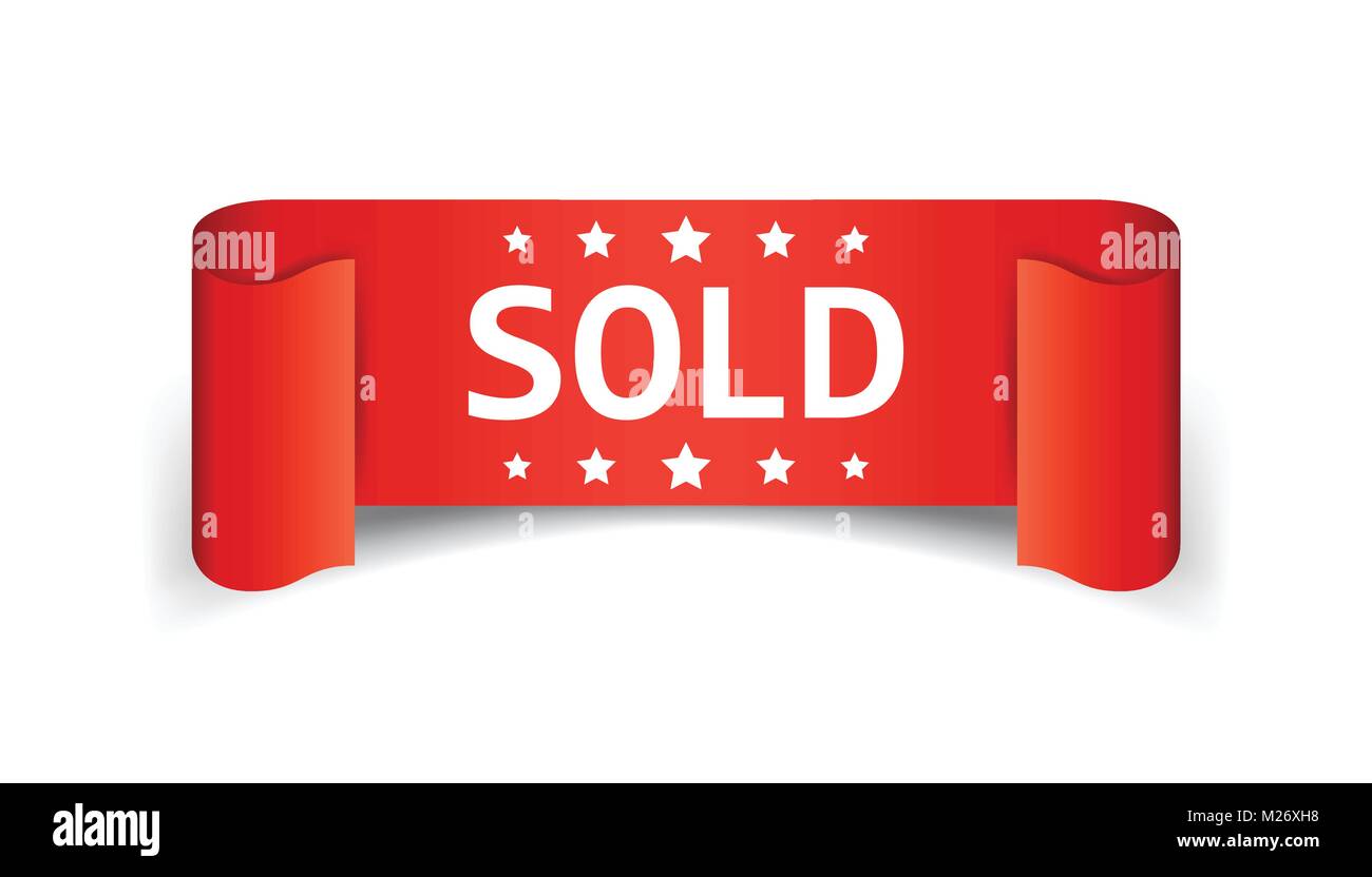Sold ribbon vector icon. Discount, sale sticker label on white ...