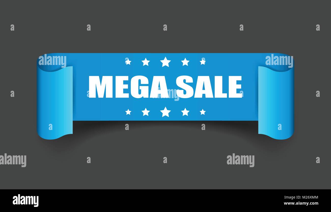 Mega sale ribbon vector icon. Discount sticker label on black ...