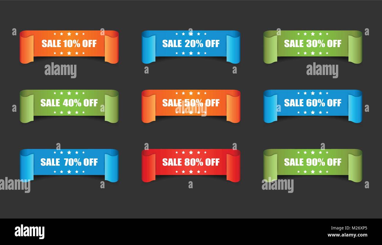 Sale ribbon vector icon. Discount sticker label set on black background ...