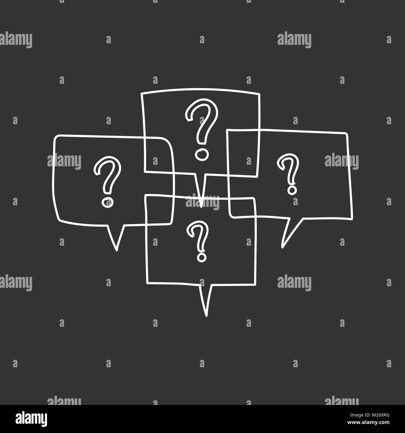 Question marks in thought bubbles. Hand drawn line art cartoon vector