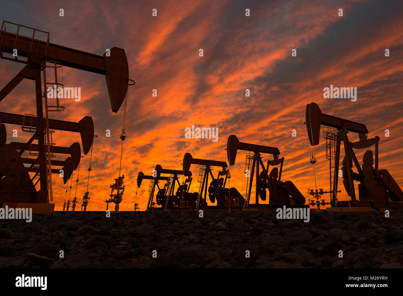 3D render of pump jacks in an oil field Stock Photo
