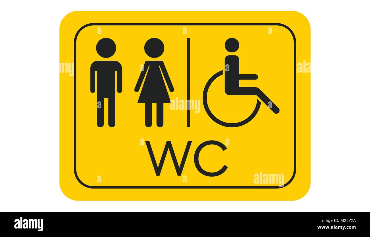 WC, toilet vector icon . Men and women sign for restroom on yellow board. Stock Vector