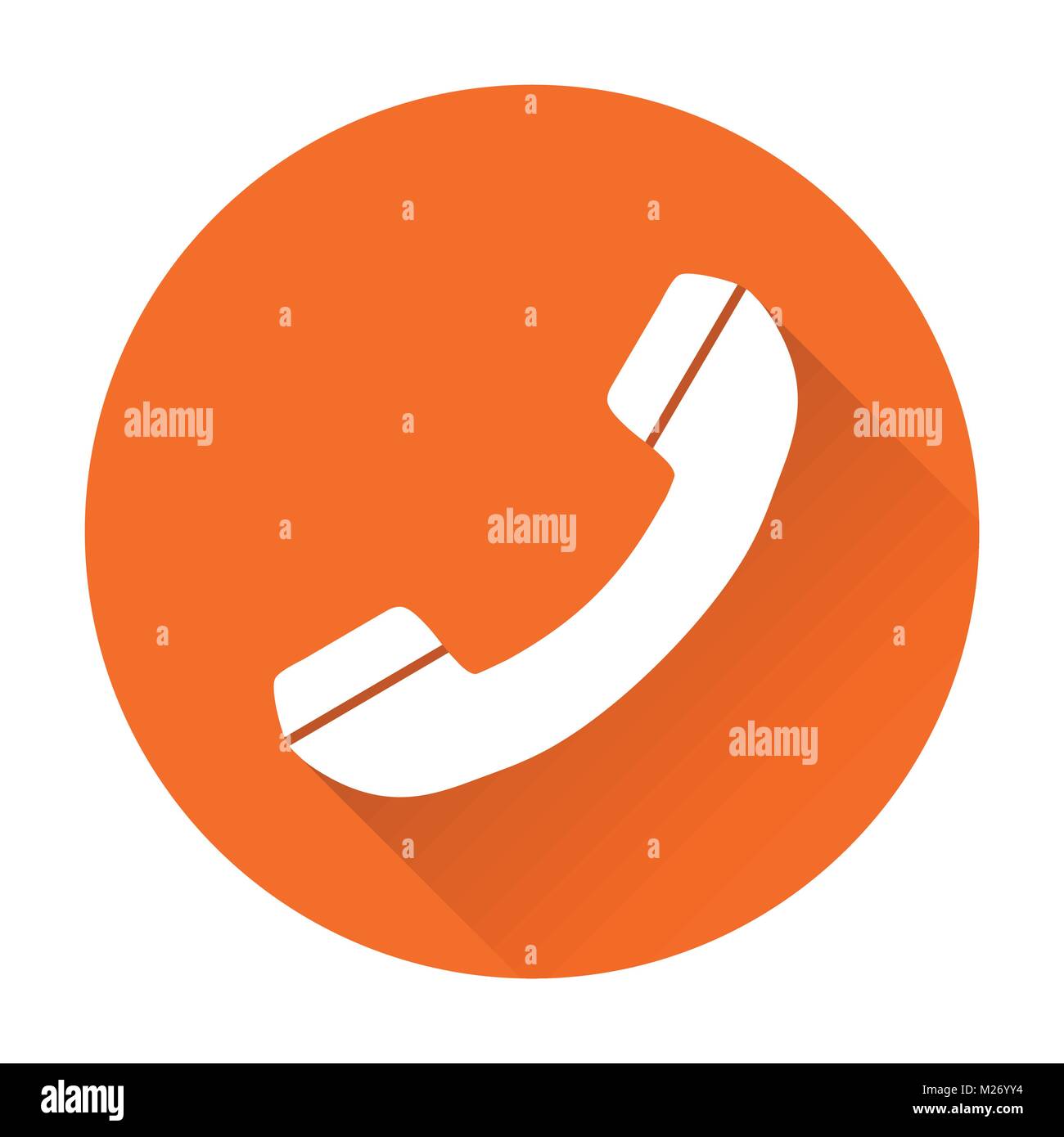Phone icon vector, contact, support service sign isolated on round orange background with long shadow. Telephone, communication icon in flat style. Stock Vector