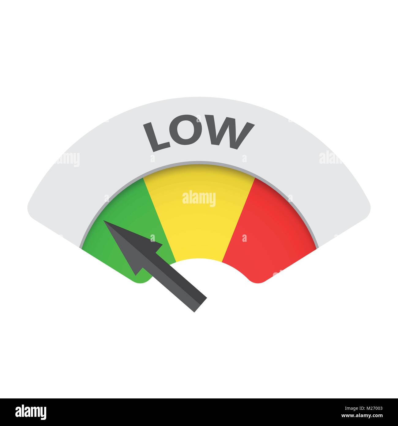 Low level risk gauge vector icon. Low fuel illustration on white background. Stock Vector