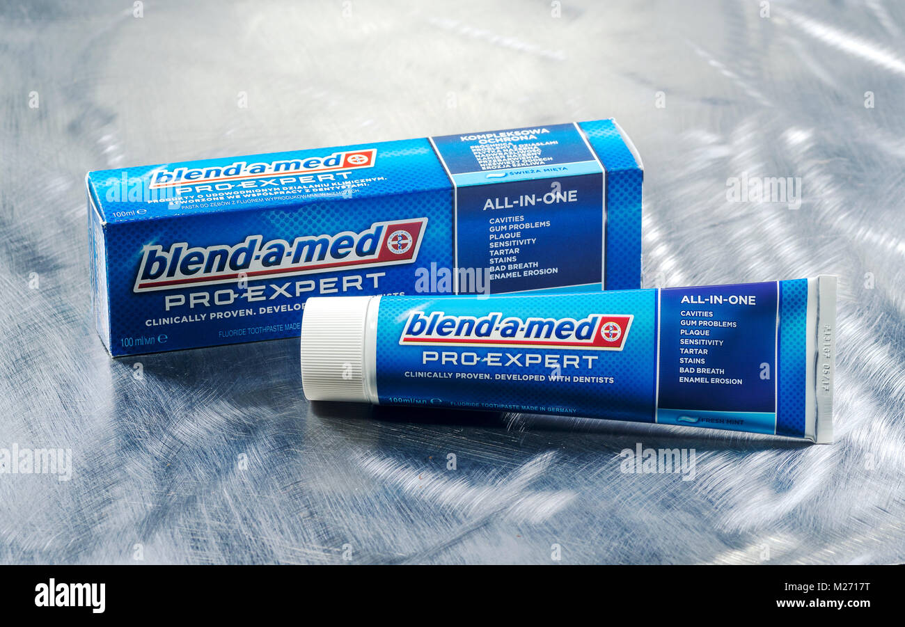 Blend-a-med toothpaste isolated on gradient background. Stock Photo