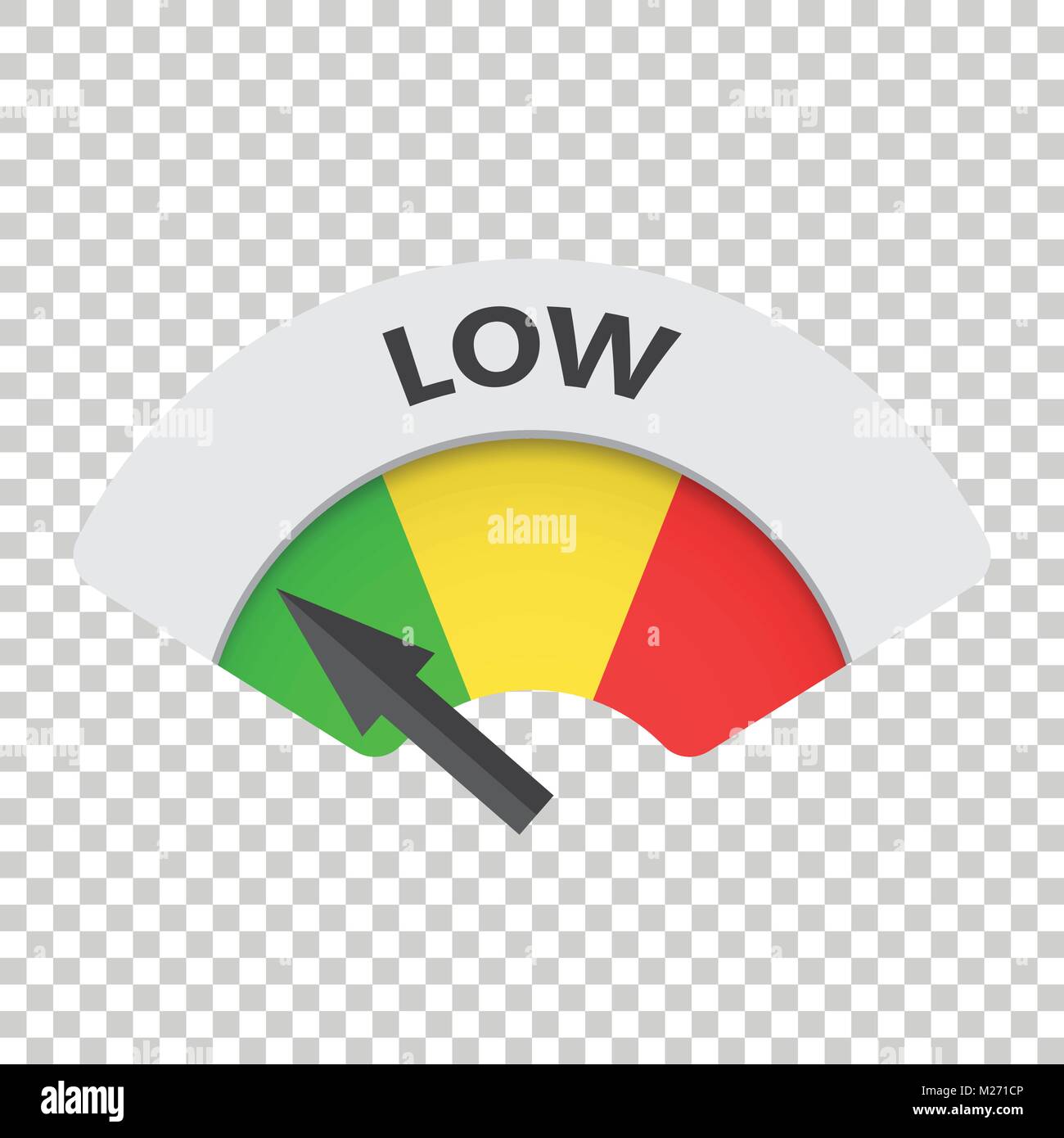 Low level risk gauge vector icon. Low fuel illustration on isolated background. Stock Vector