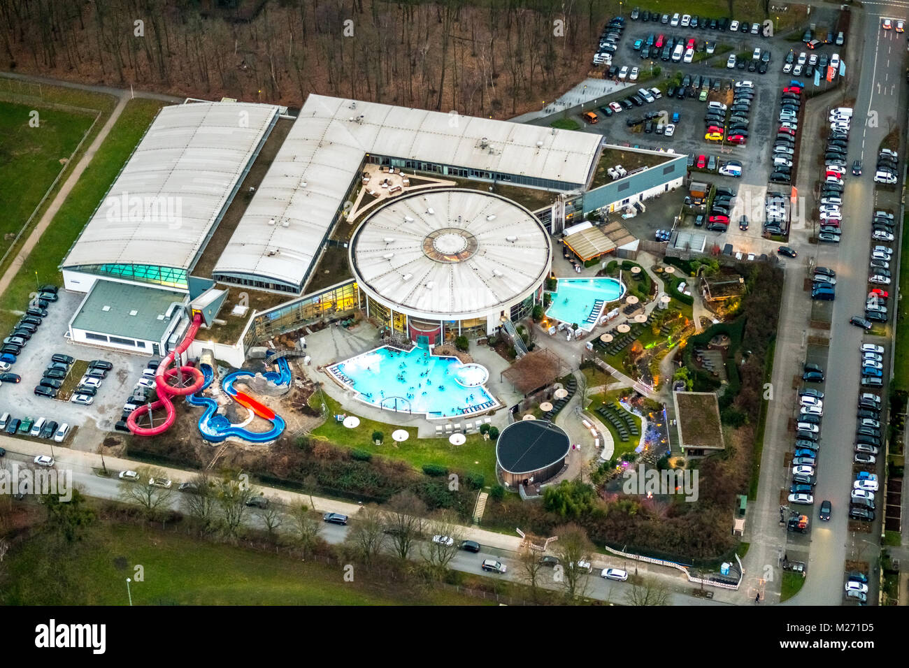 Maximare, experience therme Bad Hamm, sauna and outdoor pool, indoor pool,  Hamm, Ruhr, Nordrhein-Westfalen, Germany, UK, Europe, aerial view, birds-ey  Stock Photo - Alamy