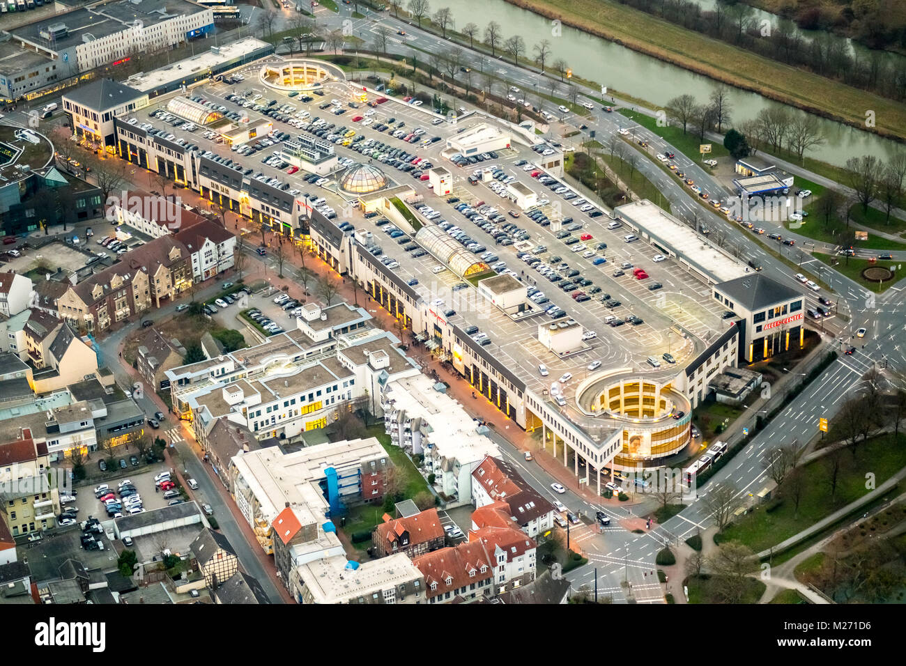Downtown Hamm, shopping center, Allee Center Hamm, Datteln-Hamm canal, Ritterpassage, Hamm, Ruhr, Nordrhein-Westfalen, Germany, UK, Europe, aerial vie Stock Photo