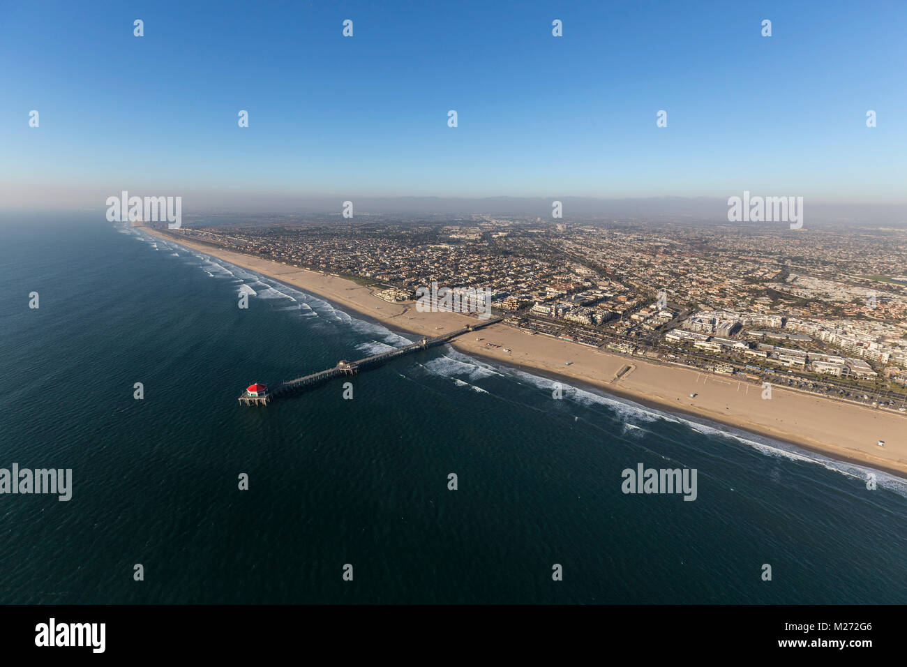 Aerial view of Huntington Beach Pier in Orange County on the California Pacific Ocean coast. Stock Photo