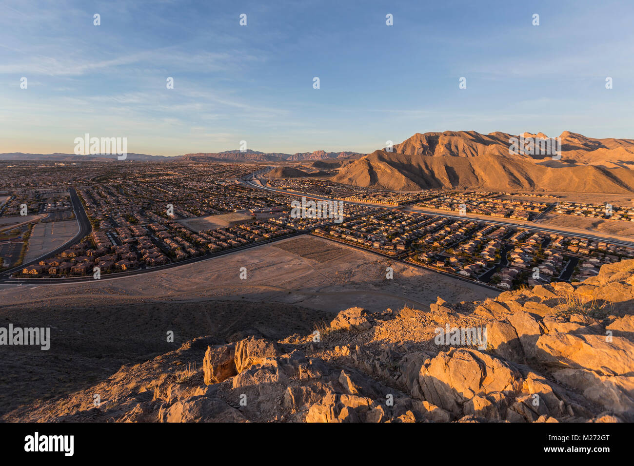 Dawn view of new neighborhoods and Route 215 from the top of Lone Mountain in Northwest Las Vegas. Stock Photo