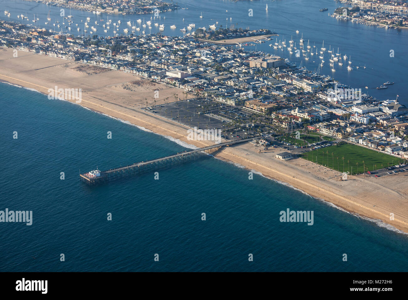 Aerial view of Newport Beach Pier in scenic Orange County California. Stock Photo