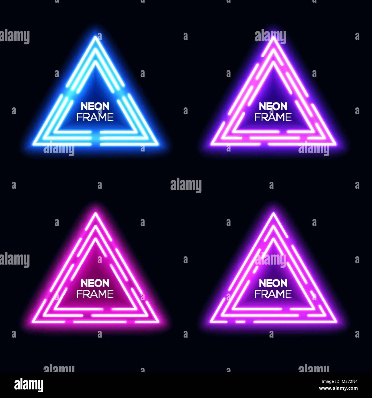 Blue violet purple pink neon light triangles set. Shining techno frame collection. Night club 3d banners on dark blue backdrop. Neon abstract tech background with glow. Technology vector illustration. Stock Vector
