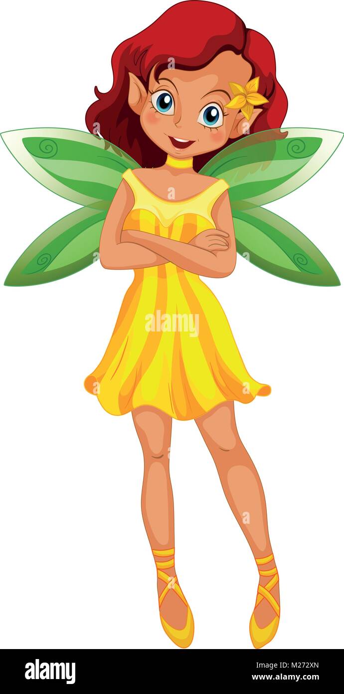 Cute fairy in yellow dress and green wings illustration Stock ...