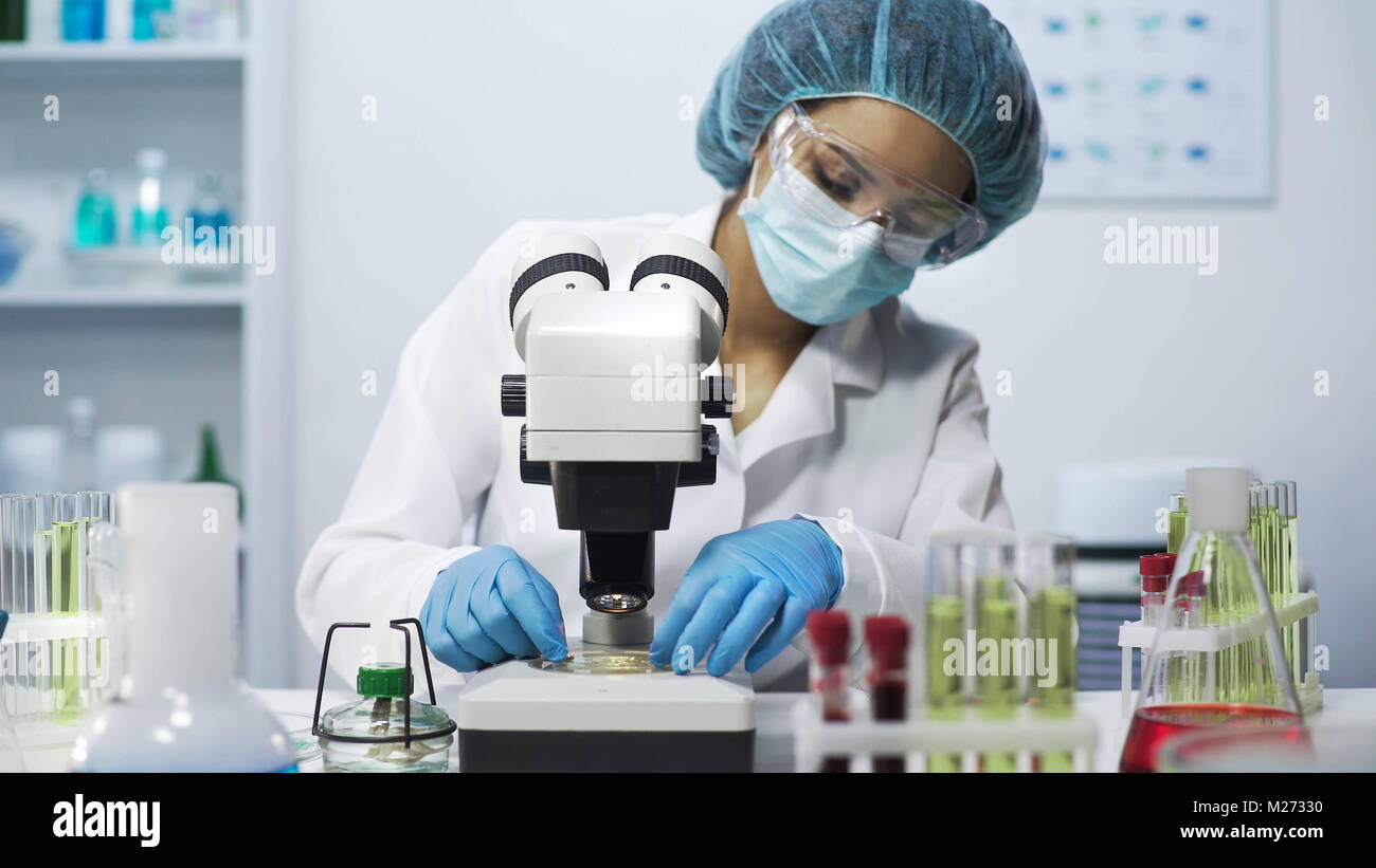 Biracial lab analyst viewing samples of bacteria on microscope, virology Stock Photo