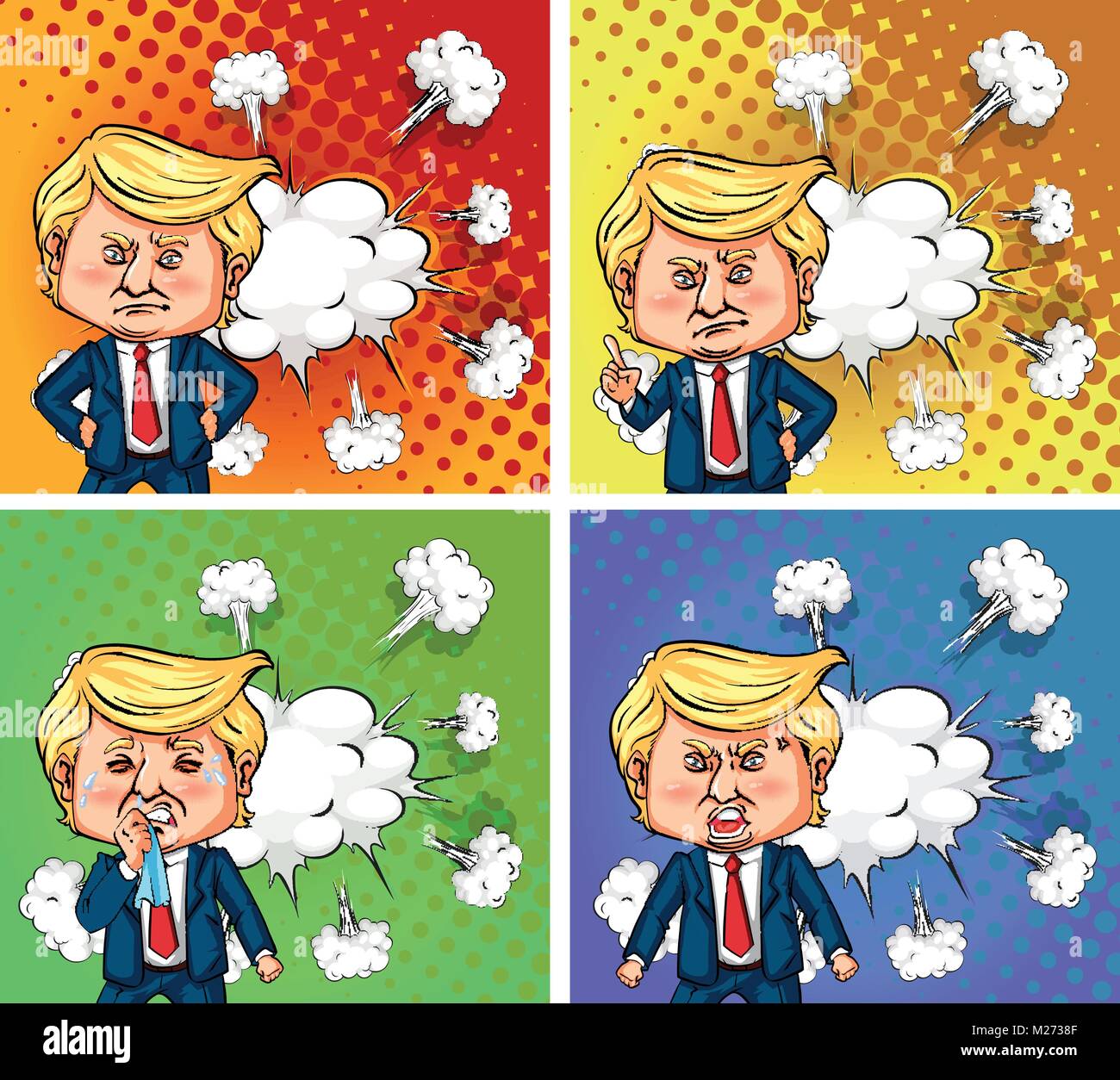 US president Trump with four different emotions illustration Stock Vector