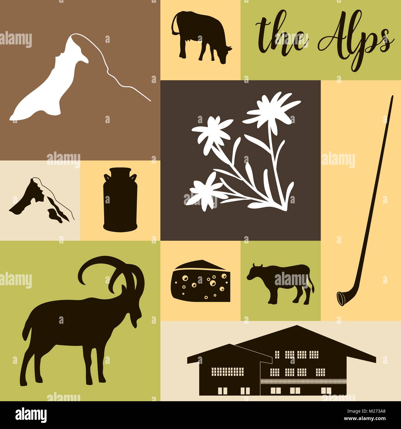 The Alps flat icons. Mountain Matterhorn, Alpine ibex, chalet, edelweiss flowers, alpenhorn, milk, squared Stock Vector