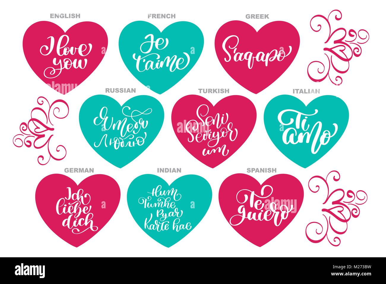 Text I love you in different languages of the world, Vector Valentines day cards templates. Hand drawn February 14 gift tags, labels or posters collection. Vintage love lettering background Stock Vector