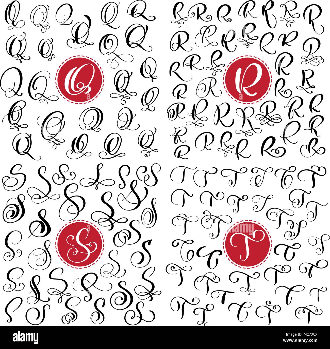 Set of Hand drawn vector calligraphy letter Q, R, S, T. Script font. Isolated letters written with ink. Handwritten brush style. Hand lettering for logos packaging design poster Stock Vector