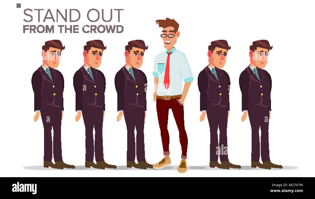 Man Stand Out From The Crowd Vector. Business Success. Good Idea, Independence, Leadership. Flat Illustration Stock Vector