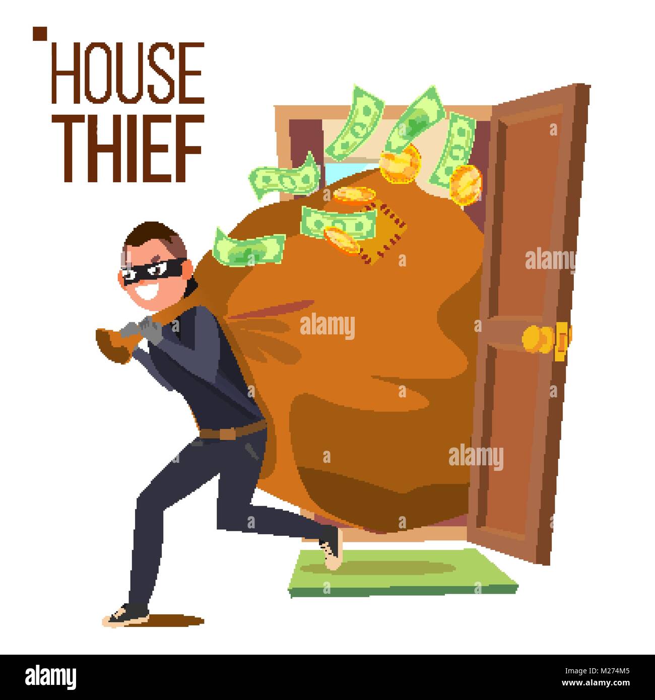 Thief And Door Vector. Bandit With Bag. Breaking Into House Through Door. Insurance Concept. Burglar, Robber In Mask, Thief, Robbery, Purse. Isolated Flat Cartoon Illustration Stock Vector
