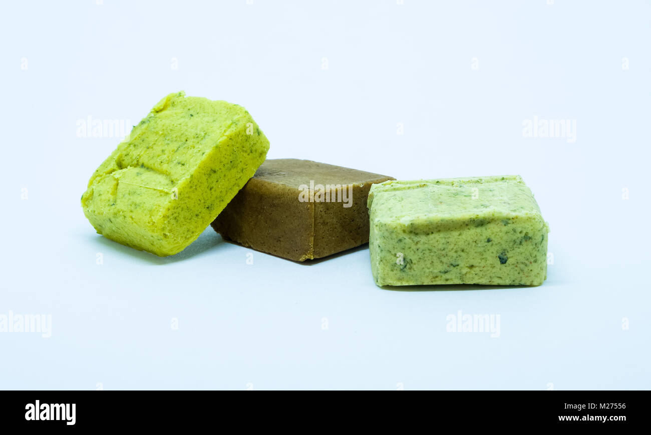 Vegitable Ham & Chicken Stock Cubes isolated on a white background