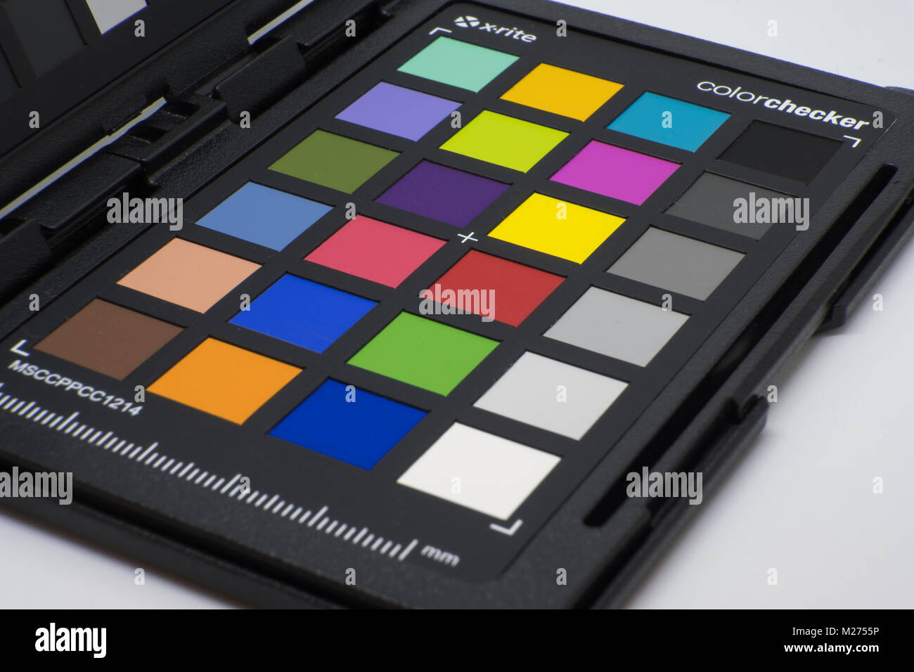 Largs, Scotland, UK - February 04, 2018: Close up view of Color Checker Passport by X-rite equipment used by professional photographers to adjust and  Stock Photo