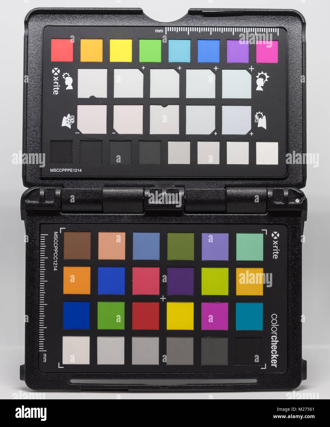 Largs, Scotland, UK - February 04, 2018: Close up view of Color Checker Passport by X-rite equipment used by professional photographers to adjust and  Stock Photo