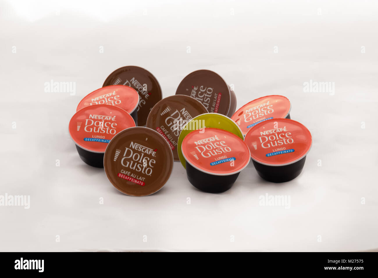 Largs, Scotland, UK - February 03, 2018: An assortment of ten nescafe Dolci Gusto Refills for the ever popular machine of the same name. Isolated on a Stock Photo