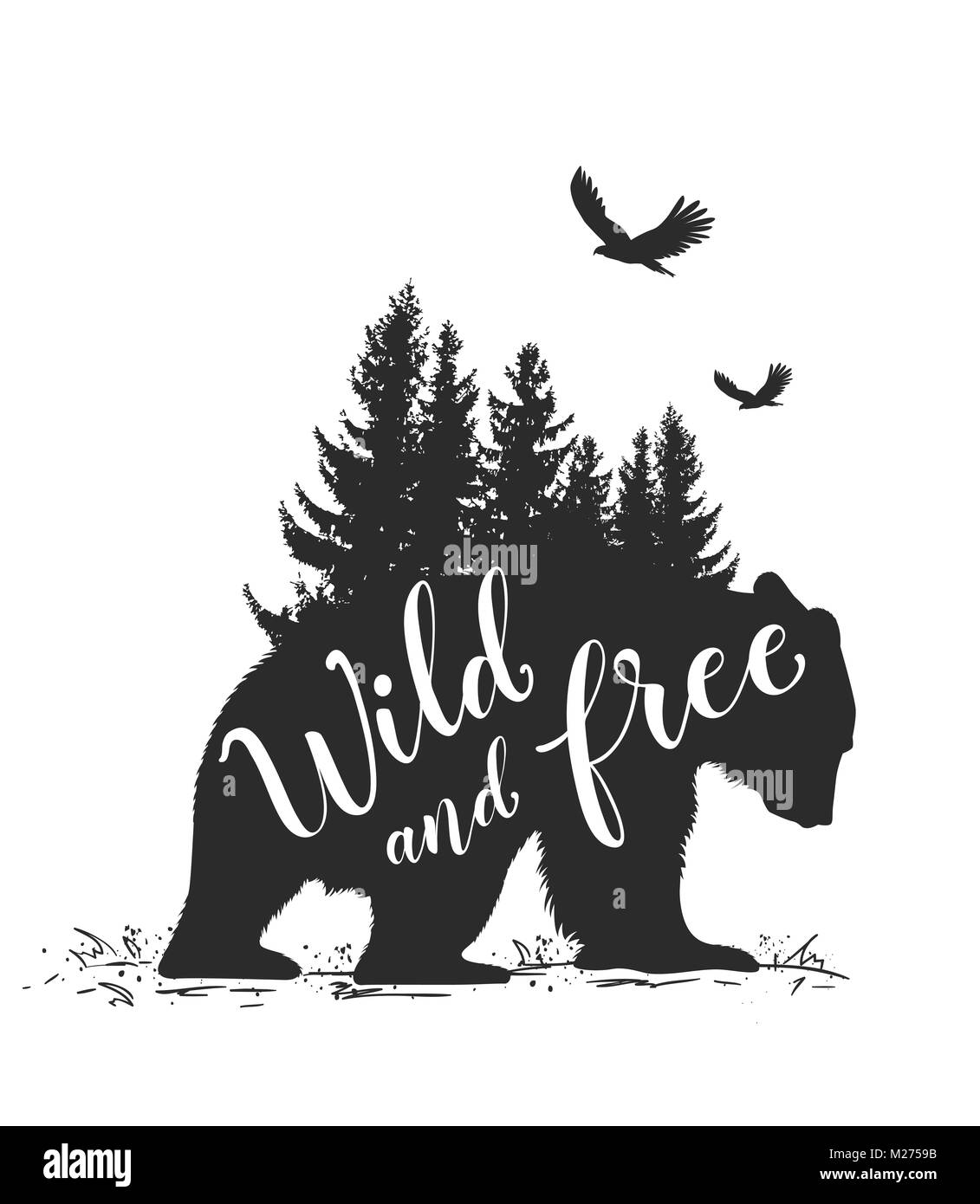 Silhouette of a wild bear, fir tree and calligraphy. Wild life in nature. Stock Photo