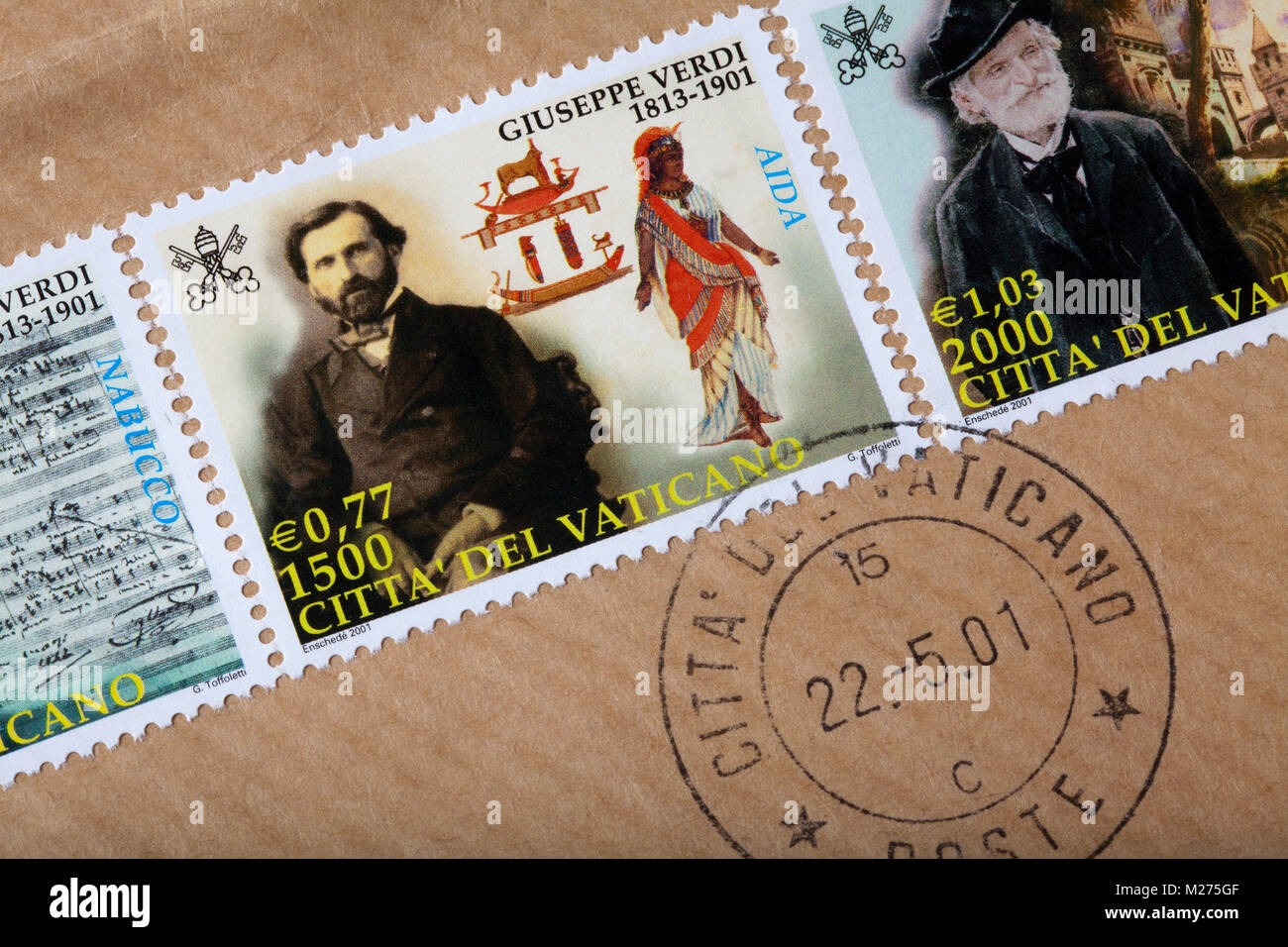 Stamps from the Vatican on a letter, Stamped, Vatican, Italy, Europe, Gestempelte Briefmarken aus dem Vatikan, Giuseppe Verdi Stock Photo