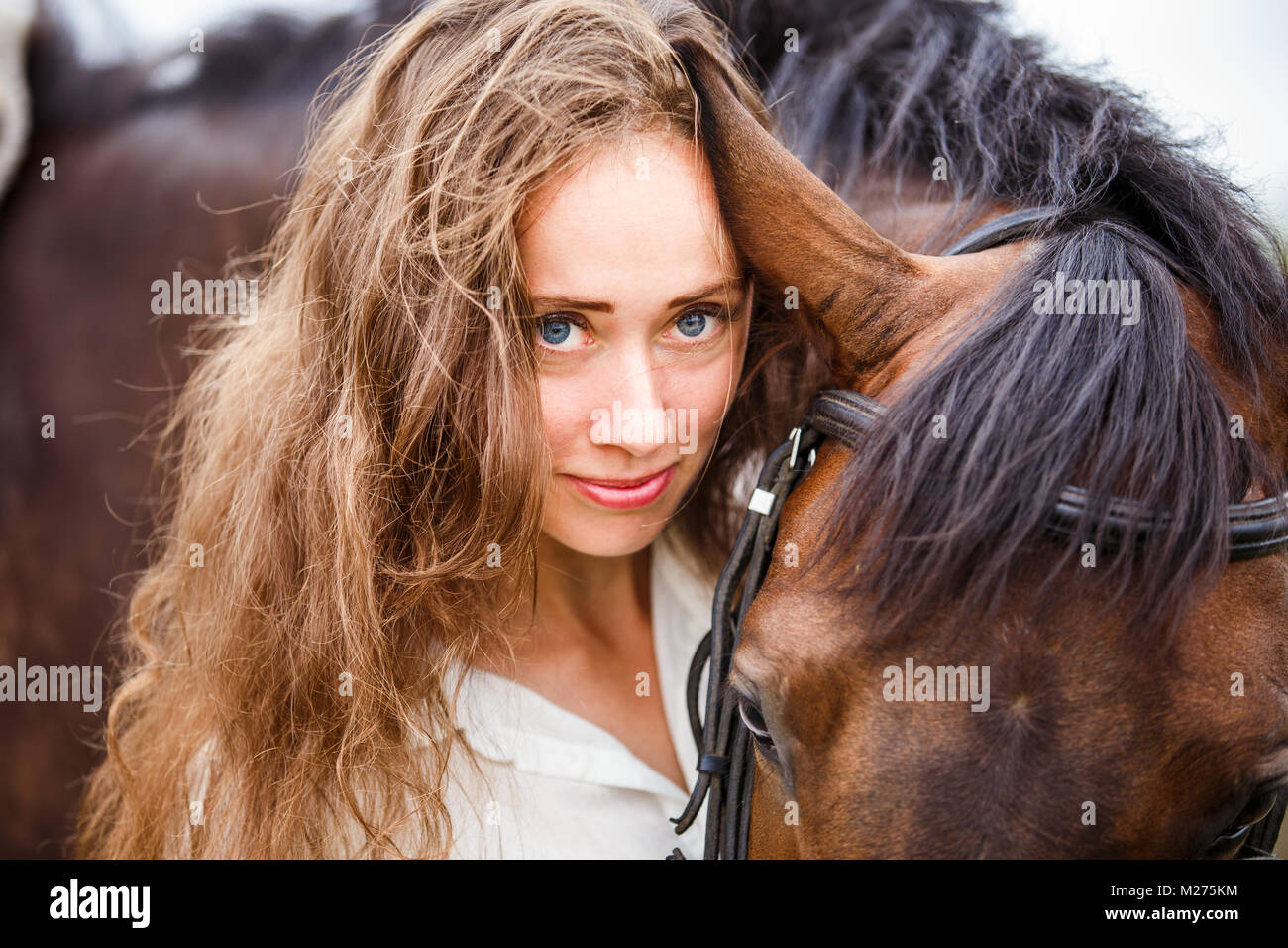 Close up portrait of young rider woman with her bay horse Stock Photo ...
