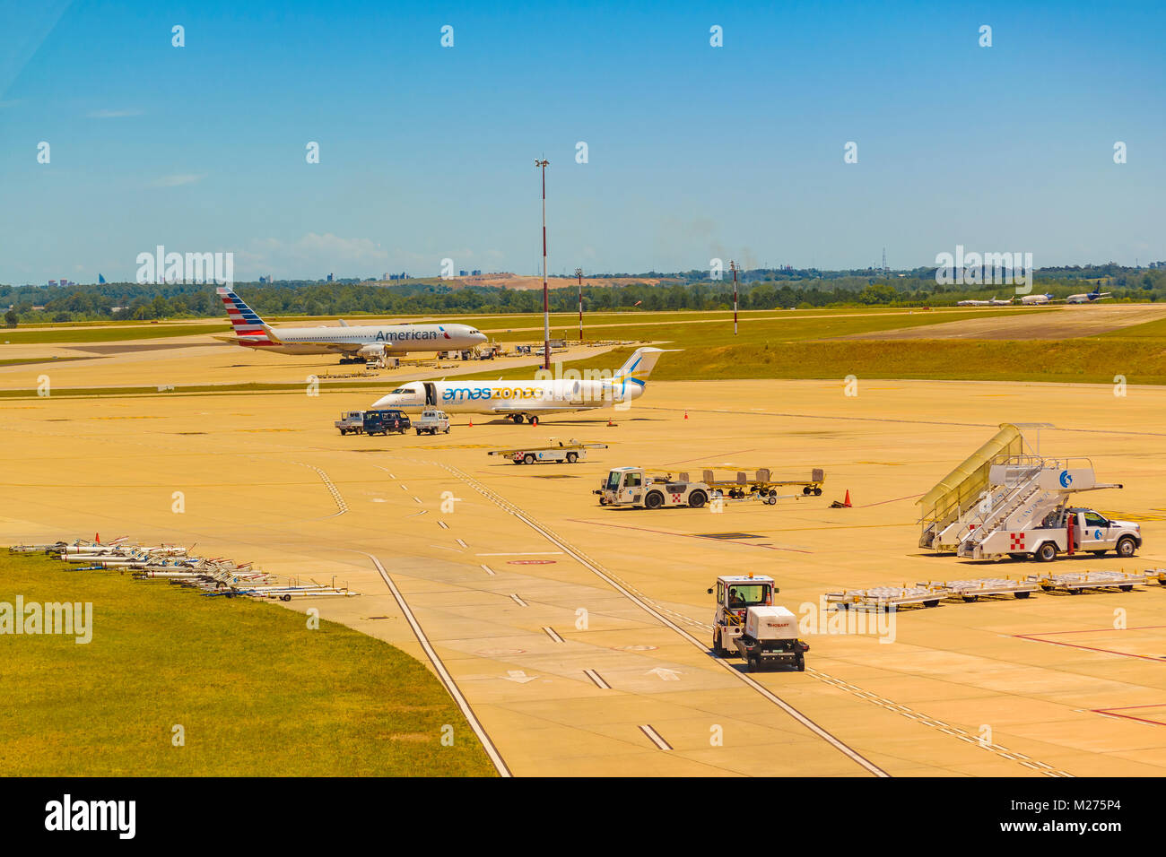 MONTEVIDEO, URUGUAY, DECEMBER - 2017 - High angle view of runway zone at aeropuerto internacional de carrrasco, Montevideo, Uruguay Stock Photo