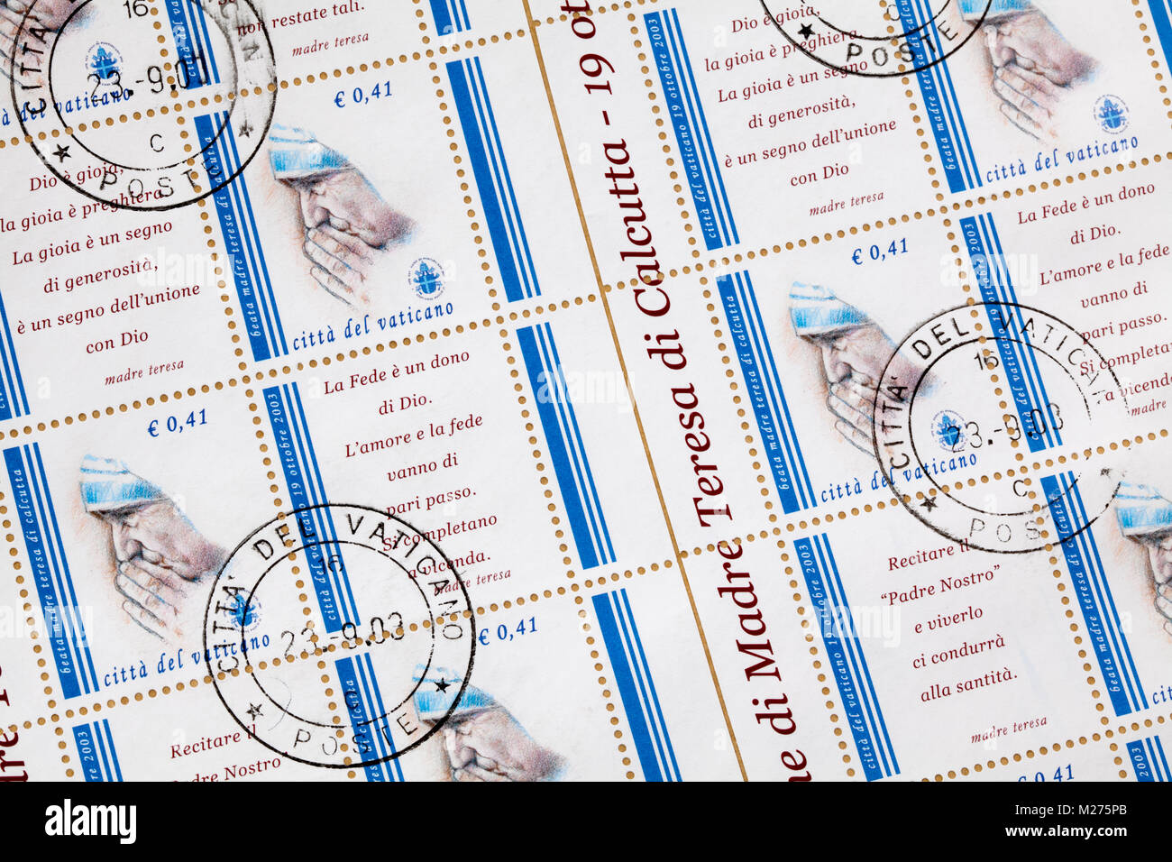 Stamps from the Vatican on a letter, Stamped, Vatican, Italy, Europe, Gestempelte Briefmarken aus dem Vatikan, Mutter Teresa, Madre Teresa di Calcutta Stock Photo