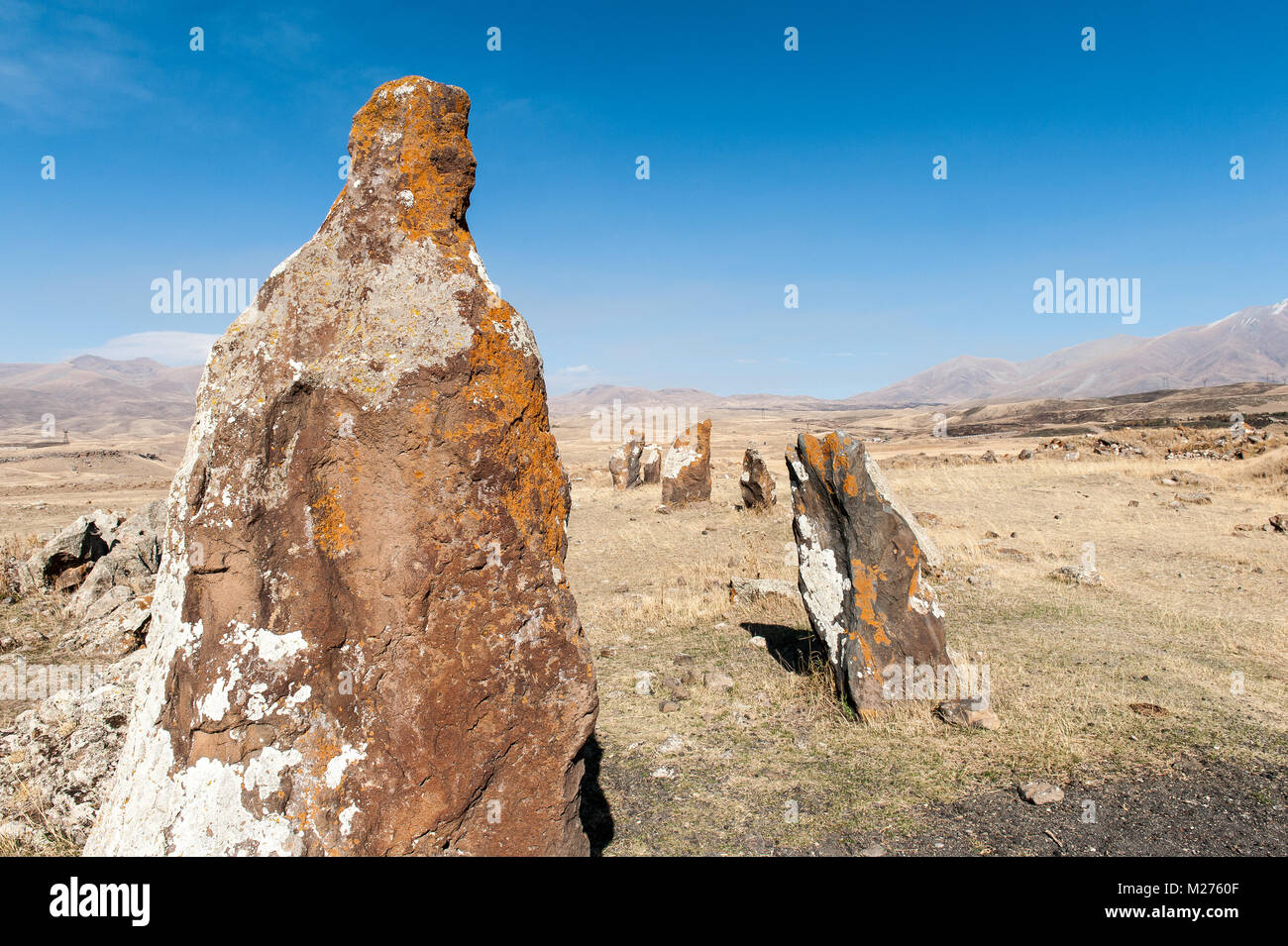 Zorats Karer or Carahunge is a prehistoric site with astronomical menhirs,near the city of Sisian in the Syunik province of Armenia. Stock Photo