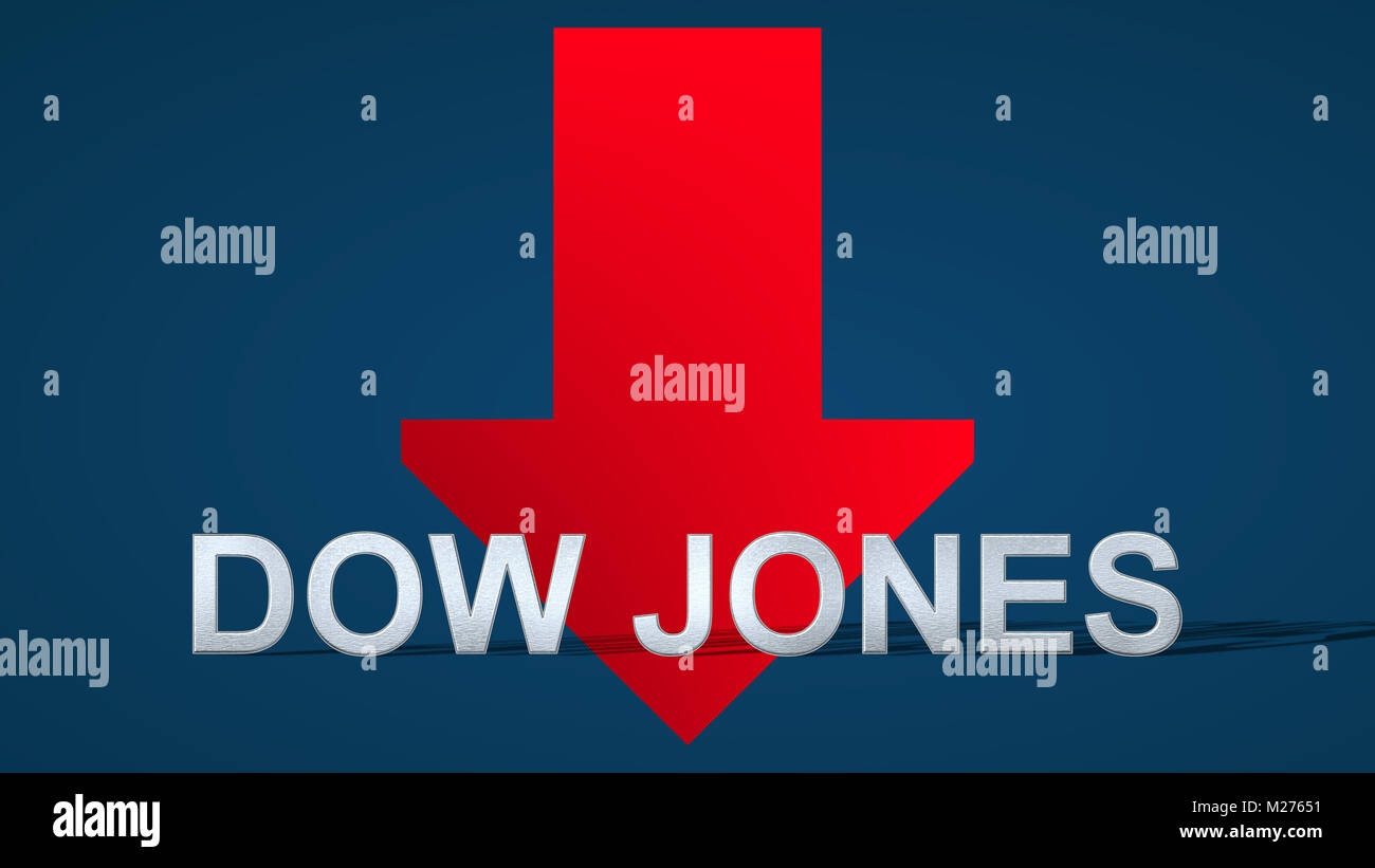 The American stock market index Dow Jones is going down. A red arrow with  the monetary symbol is showing downwards Stock Photo - Alamy