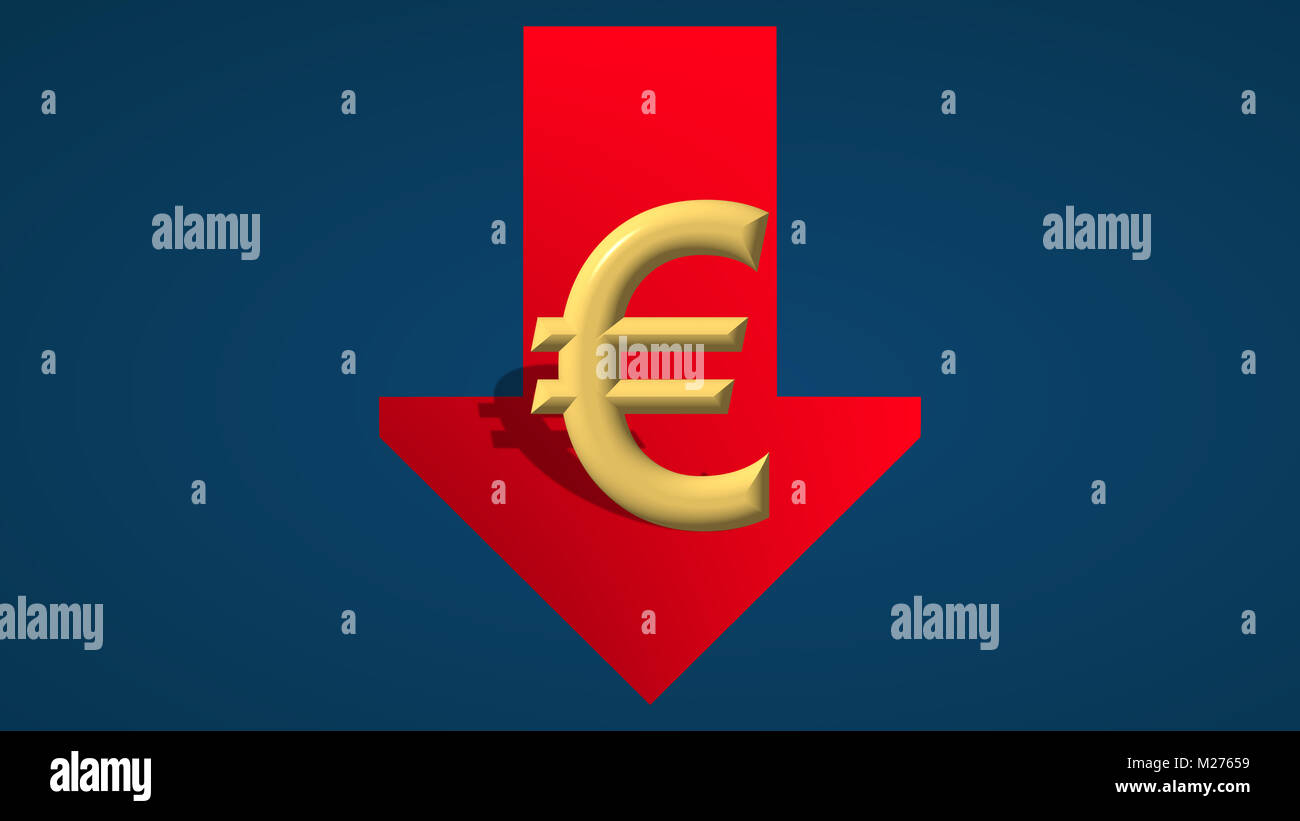 The Euro currency is going down. A red arrow with the monetary symbol ...