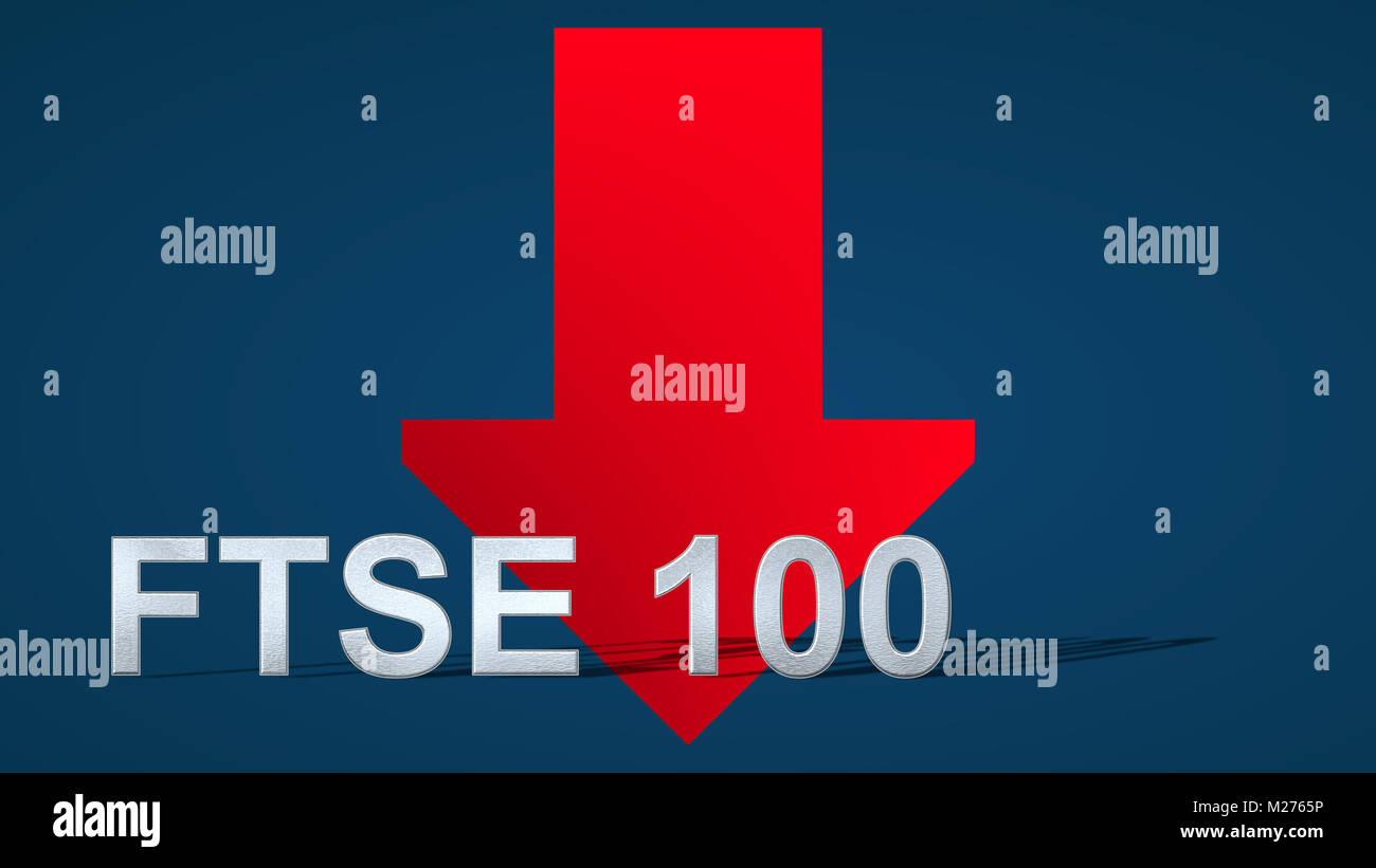 The British stock market index FTSE 100 is going down. A red arrow with the monetary symbol is showing downwards. Stock Photo