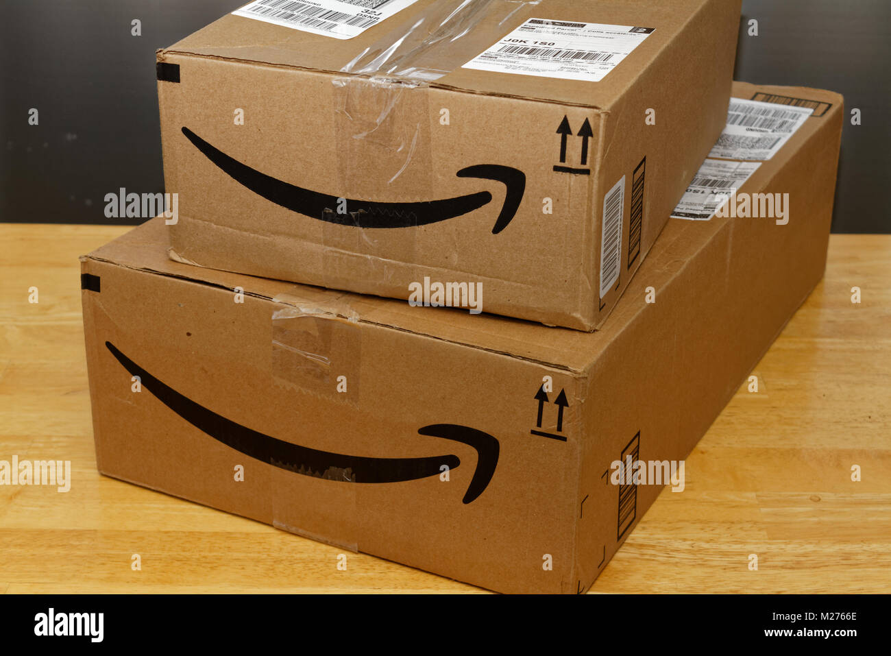 Quebec,Canada.Amazon shipping boxes Stock Photo