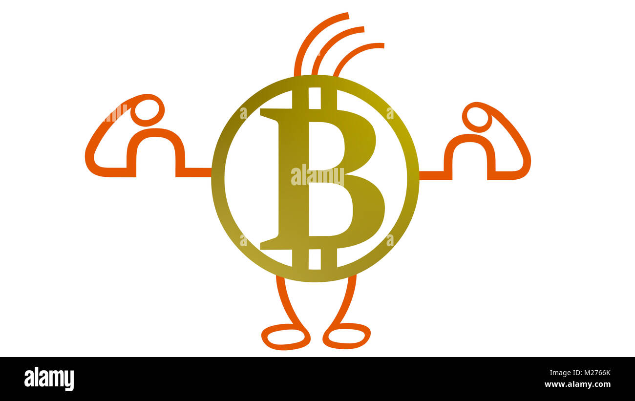 The cryptocurrency Bitcoin is currently strong. A golden figure with the  monetary symbol on its body is flexing its muscles to show the strength  Stock Photo - Alamy