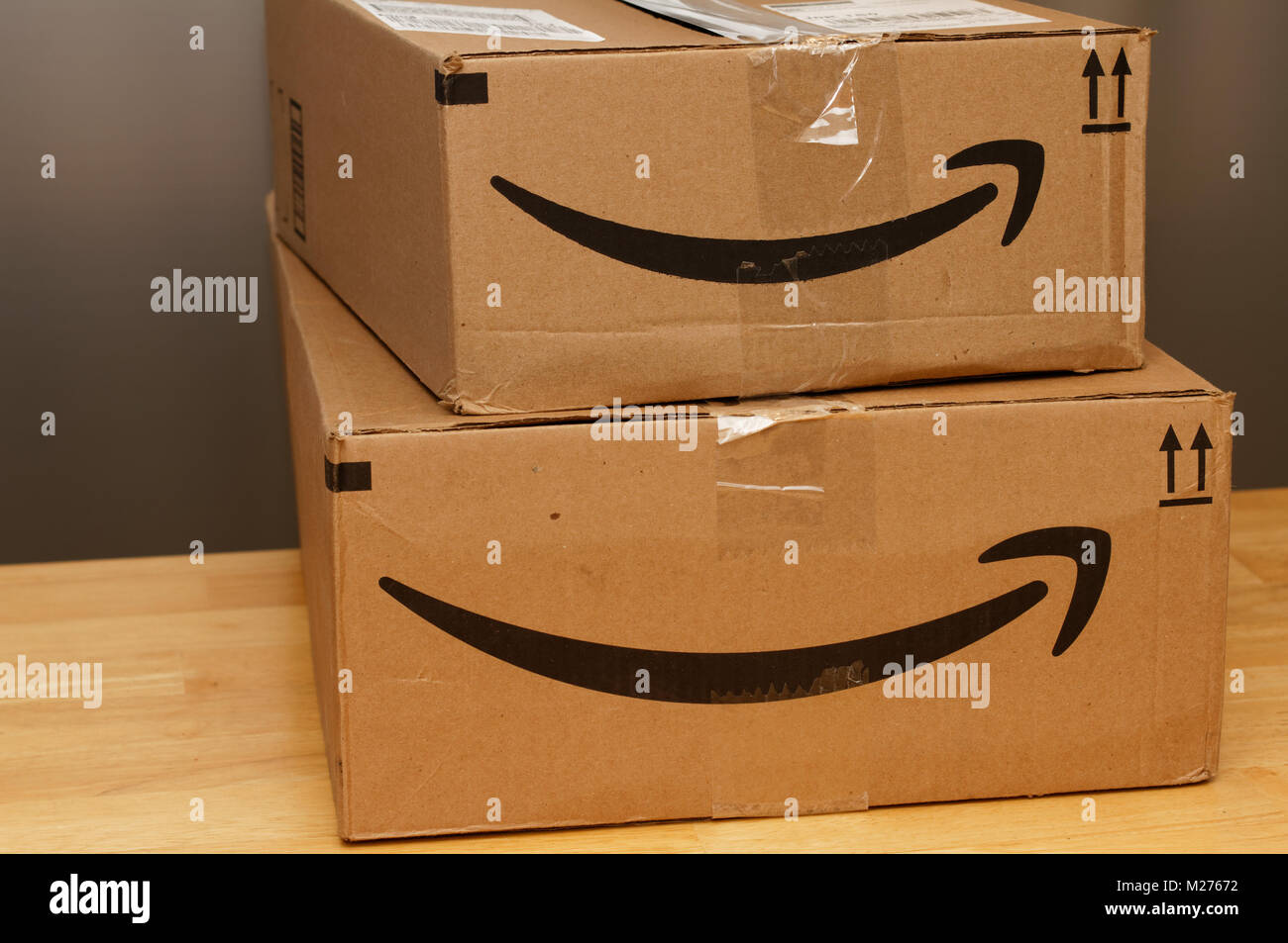 Quebec,Canada.Amazon shipping boxes Stock Photo
