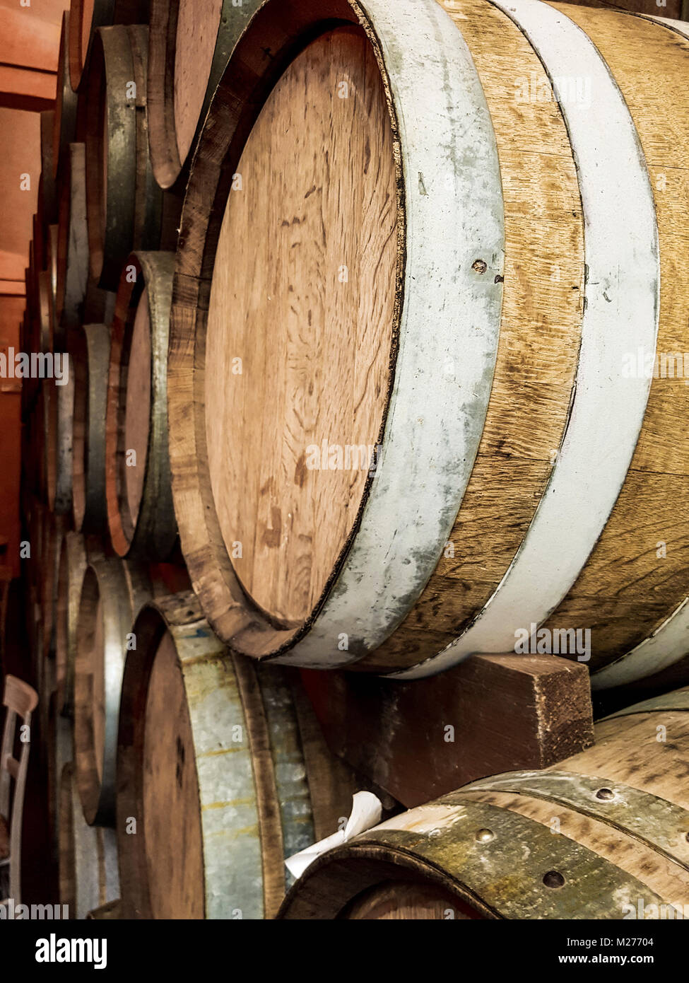 View at wine barrels in the winerry Stock Photo