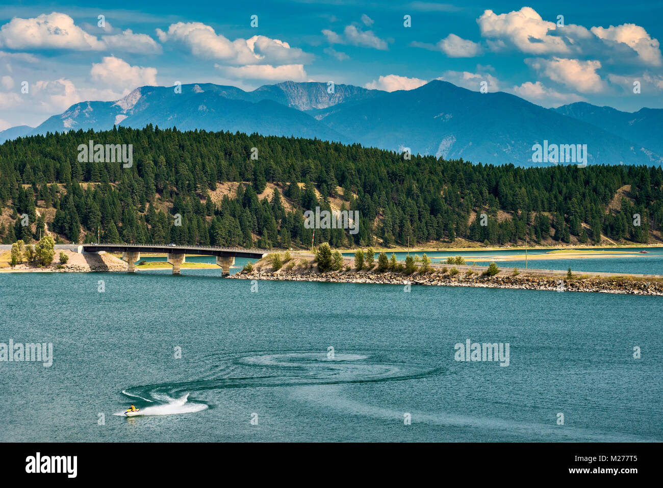Water scooter near Kikomun Bridge at Lake Koocanusa, a reservoir on