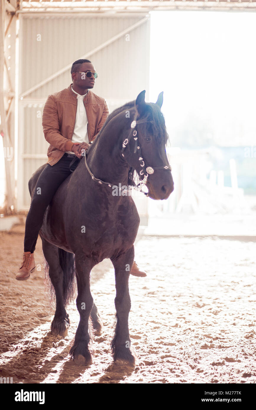 man riding brown horse on countryside Stock Photo Alamy