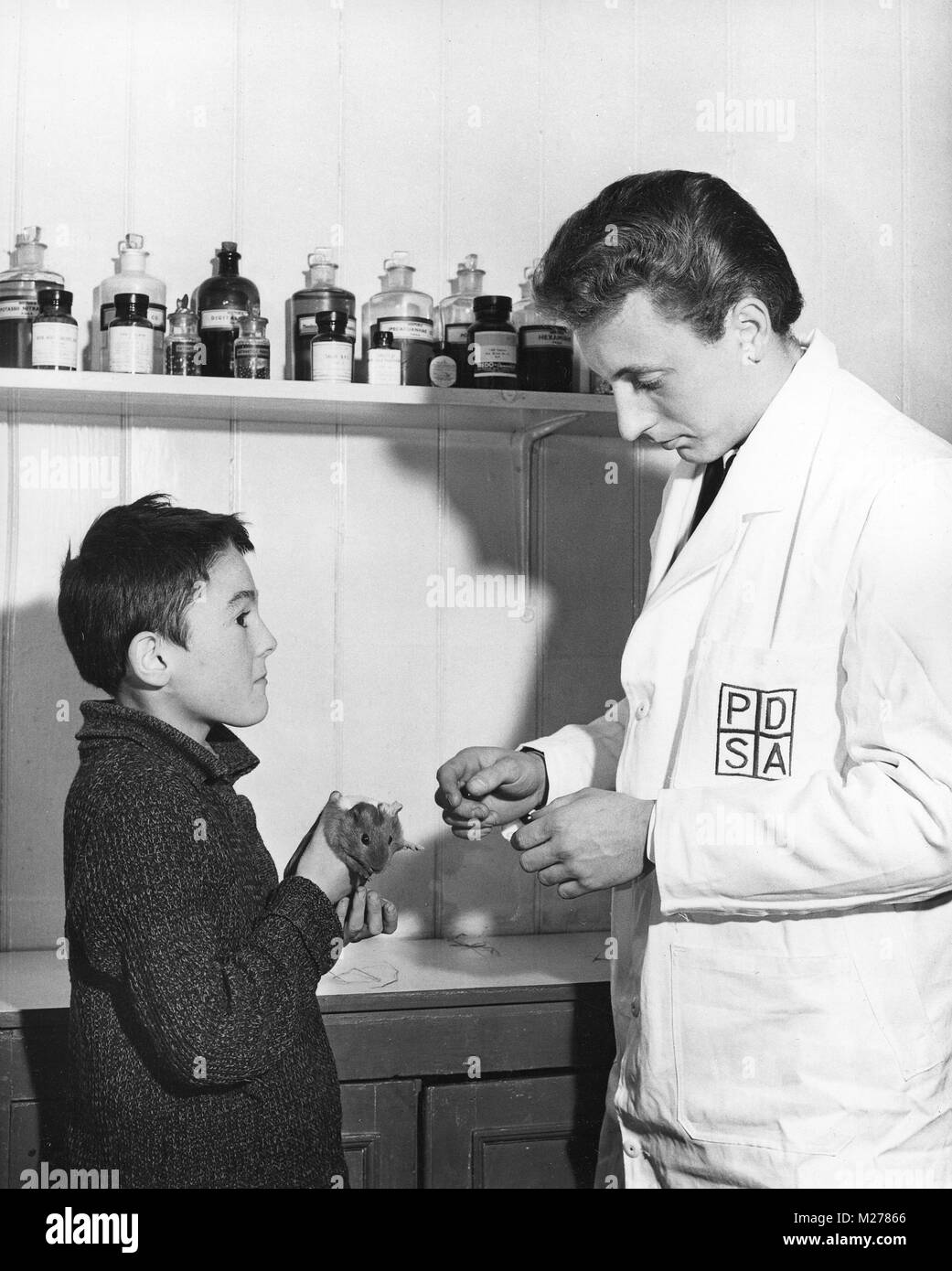 PDSA dispensary at Walthamstow. Boy with guinea pig at vet surgery. Stock Photo