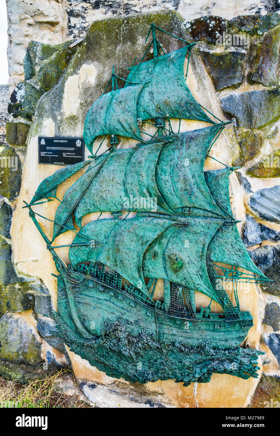 Norfolk Island, Australian external territory, Kingston, Prisoners Barracks, relief sculpture of HMS Sirius, which was wrecked south east of Kingston  Stock Photo