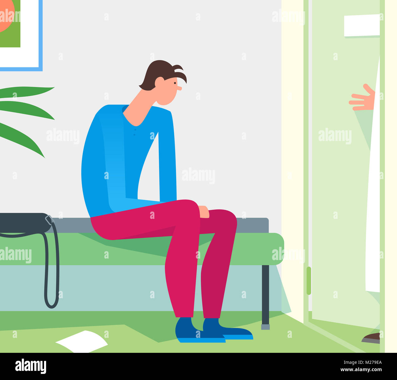 Patient waiting room doctor office. Young man expecting practitioner  therapist to invite for examination diagnosis consultation. Simple flat  cartoon i Stock Photo - Alamy