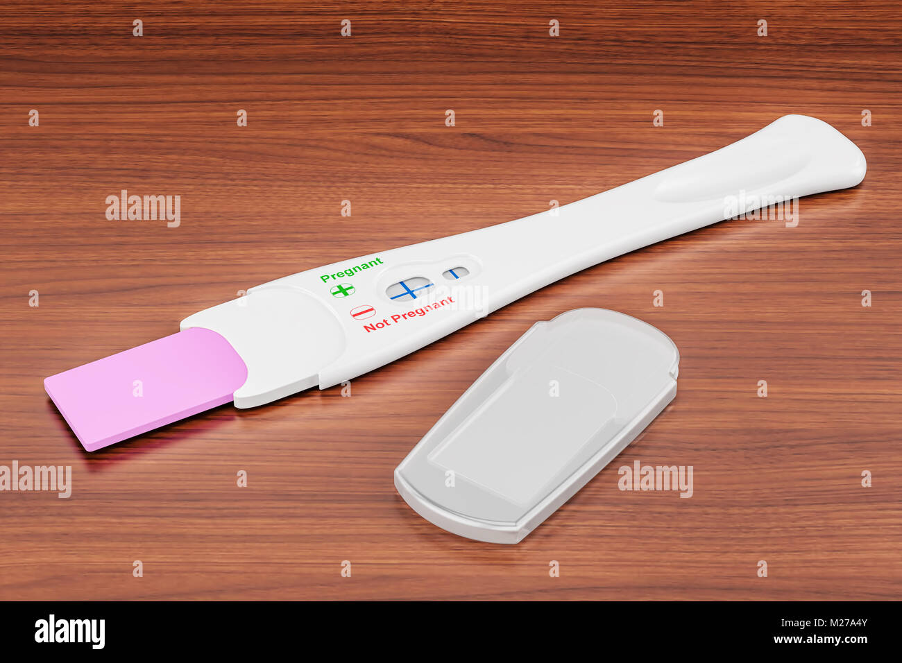 Pregnancy test positive on the wooden table. 3D rendering Stock Photo